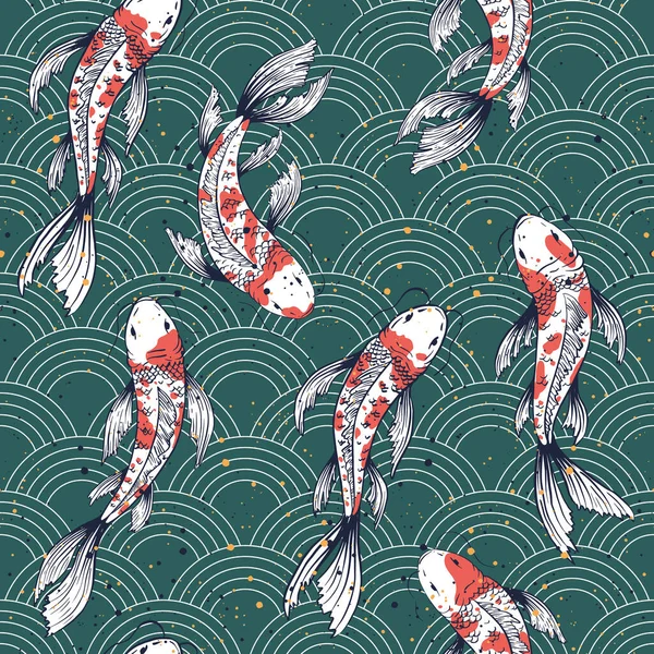 Modèle Vectoriel Sans Couture Avec Des Poissons Koï Carpes Japonaises — Image vectorielle