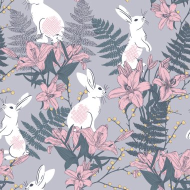 Hand drawn vintage magic forest seamless pattern with bunnies, lillies and fern. Vector illustration in line art style.