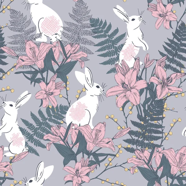 Hand drawn vintage magic forest seamless pattern with bunnies, lillies and fern. Vector illustration in line art style.