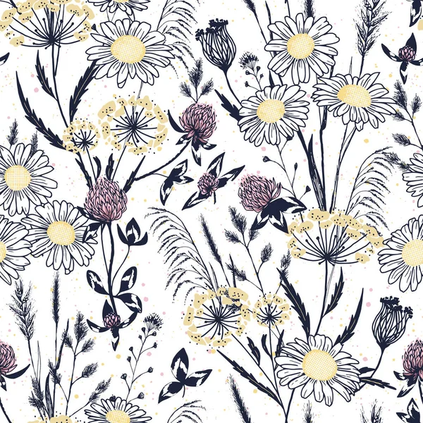 Hassas yabani çayır izi - kusursuz vektör arkaplanı. Papatyaları, yoncaları ve beyaz üzerine yabani otları olan kusursuz bir desen. Tekstil, kumaş, duvar kâğıtları, gratik sanat, baskı vs. için mükemmel.