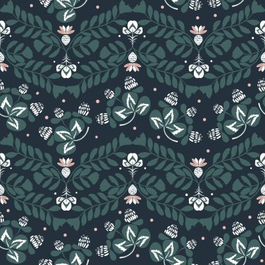 Seamless pattern with fern branches, clovers and berries. Vector hand drawn illustration, garden in folk - scandinavian style. Vector hand drawn illustration, garden in folk style. Perfect for textile
