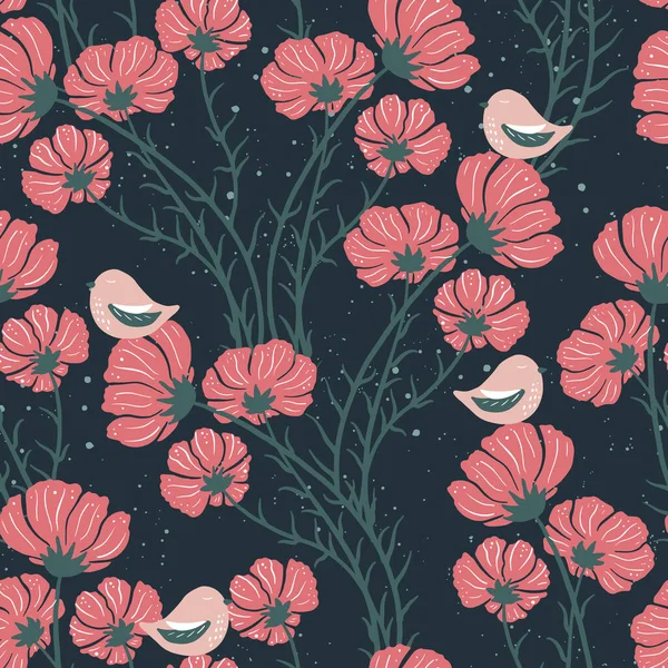 Seamless Pattern Blooming Cosmea Branches Rabbits Berries Birds Wildlife Silhouette — Wektor stockowy