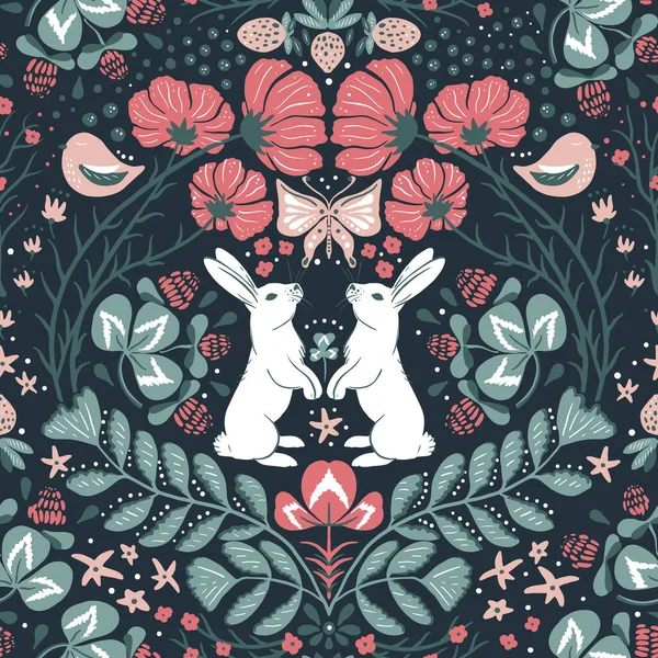 Seamless pattern with blooming cosmea branches, rabbits, berries and birds. Wildlife silhouette, dark floral background. Vector hand drawn illustration, garden in folk style. Perfect for textile
