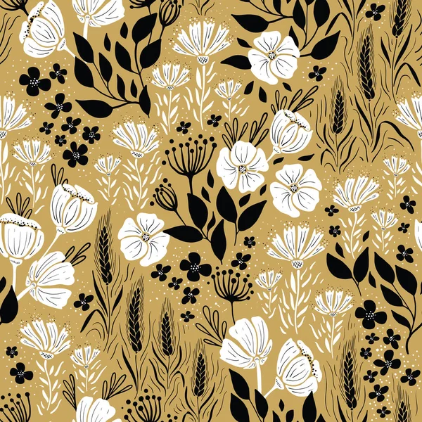 Yaban çiçekleri ve buğdaylı vektörsüz desen. Tekstil, kumaş, duvar kâğıtları, grafik sanatı, baskı vs. için mükemmel.