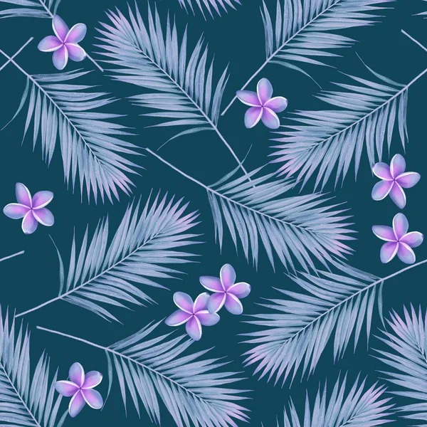 Seamless pattern watercolor painted palm leaves and plumeria illustration. Teel blue and purple