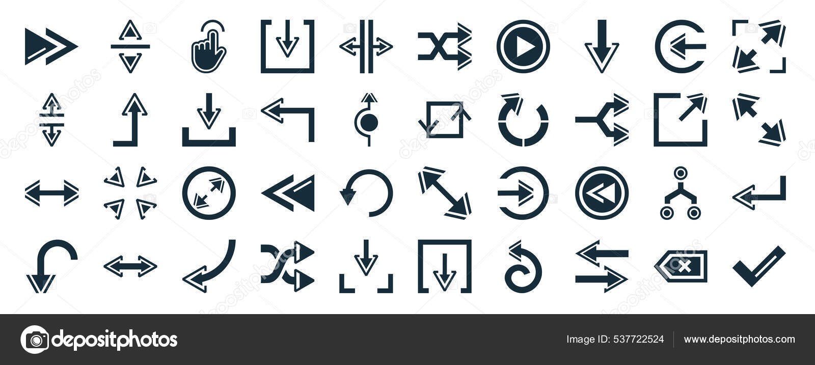 一组40个填充箭头的Web图标如垂直调整大小水平分割水平调整大小向右旋转箭头向右出口最小化箭头在白色上隔离的洗牌箭头图标
