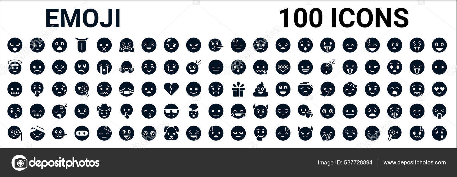 Set 100 Glyph Emoji Web Icons Filled Icons Confused Emoji Stock