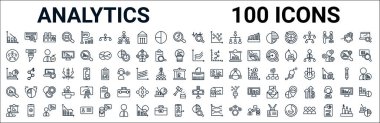 outline set of analytics line icons. linear vector icons such as binary data search,hierarchy,speech,charts,paper shder,analysis,variety,data analysis pie chart. vector illustration clipart