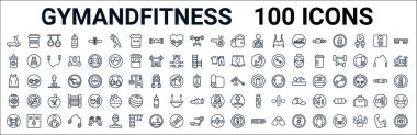 Gymandfitness çizgisi simgelerinin ana hatları. Protein, izotonik, spor giysisi, kolsuz, mat, fitness izleyici, ip, silindir gibi doğrusal vektör simgeleri. vektör illüstrasyonu