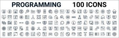 Program çizgisi simgelerinin ana hatları. css, reklam sıçraması, arama motoru, sunucu, tıklama, ağ, konsol, php gibi doğrusal vektör simgeleri. vektör illüstrasyonu