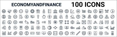 Ekonomi ve finans çizgisi ikonlarının ana hatları. Para akışı, bitcoin, bağış, bütçe muhasebesi, geri çekilme, satış, bitcoin şifreleme, dalgalanma gibi doğrusal vektör simgeleri. vektör illüstrasyonu