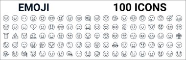 Emoji çizgi simgelerinin ana hatları. Açık ağız emojisi, kovboy şapkası emojisi, şüpheli emoji, dil emojisi, susturma emojisi, inju emojisi, zengin emoji, aşk emojisi gibi doğrusal vektör simgeleri. vektör
