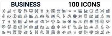 outline set of business line icons. linear vector icons such as woman with dollar circle,pounds money bag,euro under magnifier,man success,man with case with dollar,cit card and ticket,woman dollar clipart