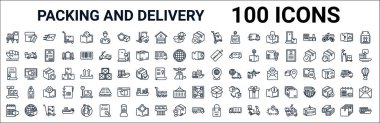 Paketleme ve dağıtım hattı simgeleri ana hatları. Sevkiyat listesi, okyanus ulaşımı, paketler, sertifika, lojistik gemi, ağırlık, qr kodu, ulaşım gibi doğrusal vektör simgeleri. vektör illüstrasyonu