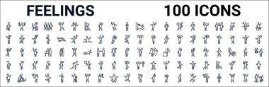 outline set of feelings line icons. linear vector icons such as super human,good human,pissed human,emotional human,angry human,anxious human,lost human,annoyed human. vector illustration