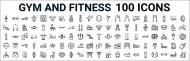 Beden eğitimi ve spor salonu çizgileri. Kol genişletme, hap ve tablet gibi doğrusal vektör simgeleri, vücut geliştirici, ayakta duran yumruk topu, fitness gövdesi, güç topu, kaslar, halter halteri gibi. vektör