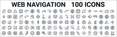 Web navigasyon çizgisi simgelerinin ana hatları. duraklat, telefon çağrısı, ses, git, navigatör, yer imi, kullanıcı, mikrofon gibi doğrusal vektör simgeleri. vektör illüstrasyonu
