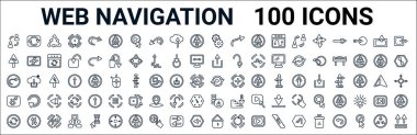 outline set of web navigation line icons. linear vector icons such as pause,telephone call,volume,go,navigator,bookmark,add user,mic. vector illustration clipart
