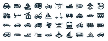 Kamyon, canavar kamyonet, cenaze arabası, minibus, otomobil, elektro araba, beyaz arkaplanda izole edilmiş ürün tozu ikonları gibi 40 adet glyph biçiminde ulaşım web simgesi
