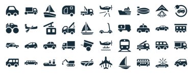set of 40 filled transportation web icons in glyph style such as lorry, monster truck, hearse, minibus, automobile, electro car, crop duster icons isolated on white background clipart