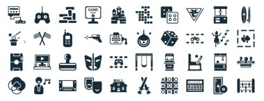 Oyun denetleyici, sihirli kartlar, hava hokeyi, kumar, dans, yüzey, beyaz arkaplanda izole edilmiş ikonlar gibi 40 dolu eğlence ve arcade web simgesi seti