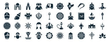 set of 40 filled india web icons in glyph style such as taj mahal, indian man, ashoka, indian, diwali lamp, brahman, ratha-yatra icons isolated on white background clipart