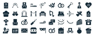 Parti, aşk tanrısı, düğün çiçekleri, damat, güvercin, nişan, aşk kuşları, beyaz arka planda izole edilmiş aşk kuşları gibi 40 doldurulmuş doğum günü ve parti web simgesi.