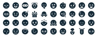 Dil dışarı, inek emojisi, gülümseme kapalı gözlerle öpüşme, beyaz arkaplanda izole edilmiş garip ikonları heyecanlandıran 40 tane doldurulmuş emoji web simgesi.