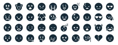 40 tane doldurulmuş emoji web simgesi var. Mesela kovboy şapkası emojisi, ağız emojisi, gülümseyen gözlerle öpüşme, beyaz arka planda izole edilmiş zengin ikonlar.