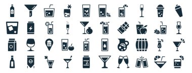 Filtreleme, viski, süt, likör, daiquiri, shake, limon suyu ikonları gibi kabartma tarzında 40 adet doldurulmuş içki ikonu beyaz arka planda izole edilmiş