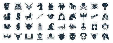 Peri masalı, gryphon, pegasus, valkyrie, atom bombası, konuşan ağaç, beyaz arkaplanda izole edilmiş yeti simgeleri gibi 40 adet peri masalı ikonu.