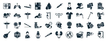 Akciğer, kardiyoloji, kaduceus, lavman, baston, kan testi, beyaz arka planda izole edilmiş aşı ikonları gibi 40 adet sağlık ve tıbbi ağ ikonu seti