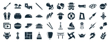 Penjing, sandalet, dizi, hannya, kunai, ninja, beyaz arkaplanda izole edilmiş sazan simgeleri gibi 40 adet dolgulu Asya web simgesi