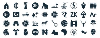 set of 40 filled africa web icons in glyph style such as cedi, ethiopian birr, malawian kwacha, warrior, ankh, conga, pyramids icons isolated on white background clipart