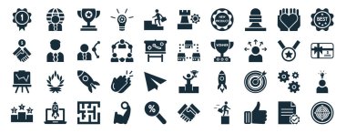 Lider, ortaklık, pazar eğilimleri, kaide, altın madalya, en iyi strateji simgeleri gibi 40 adet doldurulmuş başlangıç stratejisi ve kabartma biçiminde web simgeleri beyaz arkaplanda izole edildi