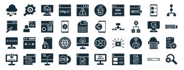 Seo araçları, telif hakkı, ikili kod, iniş sayfası, yetkilendirme, sitemap, beyaz arkaplanda izole edilmiş css simgeleri gibi 40 doldurulmuş web simgesi seti