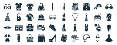 40 adet simge şeklinde moda web ikonu, kimono gibi, noktalı doğum günü şapkası ve yıldızlar, spor kemeri, boks yüzüğü, uyku maskesi, çocuksu gözlük, beyaz üzerine izole edilmiş soyulmuş kravat simgeleri.