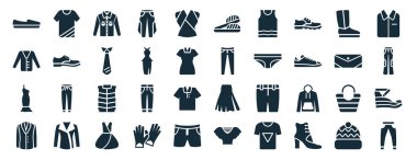 40 adet doldurulmuş kostüm web simgesi. Gömlek, hırka, bir omuz elbisesi, Oxford dalga ceketi, çanta, resmi gömlek, beyaz arka planda izole edilmiş uyku ikonları gibi.