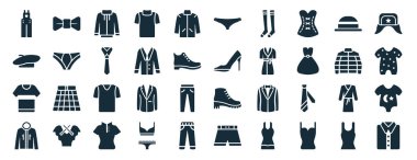 Kelebek kravatı, bere, forma, parka, kabarık ceket, ushanka, beyaz arkaplanda izole edilmiş külot simgeleri gibi 40 adet doldurulmuş kostüm web simgesi