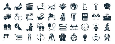 Su rozeti, fındık, dürbün, pervane, trafik engeli, kurşun kalemli şef şapkası, beyaz arkaplanda izole edilmiş kalp alevler içindeki ikonlar gibi 40 adet genel web simgesi