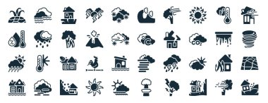 Sisli, nemli, hava, sel baskını evi, buz sarkıtı, bozuk çatı, beyaz arkaplanda izole edilmiş tsunami dalga ikonları gibi 40 meteoroloji web ikonu seti