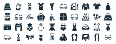 set of 40 filled woman clothing web icons in glyph style such as parfume, parfum bottle, female wallet, glasses for eyes, needle, long dress, rectangular eyeglasses icons isolated on white clipart