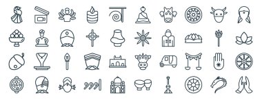 set of 40 flat india web icons in line style such as , laddu, nut, tikka masala, trident, woman, buddhist icons for report, presentation, diagram, web design clipart