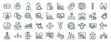 set of 40 flat business web icons in line style such as production, growth, circular chart, leadership, management, synchronization, analytic visualization icons for report, presentation, diagram, clipart