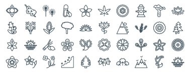 Rapor, sunum, diyagram ve web tasarımı için 40 adet düz doğa ikonu (sakura, iris, zambak, gardenya, dahlia, magnolia, kenevir simgesi)