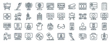 Rapor için kalem, matematik, çevrimiçi eğitim, diploma, ilerleme, test, oyun tabanlı öğrenme simgeleri, sunum, diyagram, web tasarımı gibi çizgi biçimi tarzında 40 düz çevrimiçi öğrenme web simgesi seti