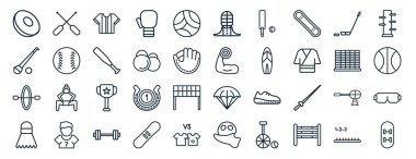 Rafting, hurling, kano sporu, servis horozu, futbol, kung fu, rapor için kendo ikonları, sunum, diyagram, web tasarımı gibi 40 adet düz spor web ikonu
