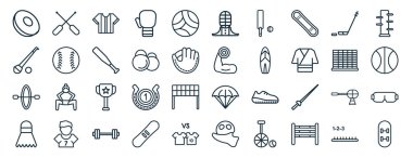 set of 40 flat sport web icons in line style such as rafting, hurling, canoe sport, shuttlecock, soccer, kung fu, kendo icons for report, presentation, diagram, web design clipart
