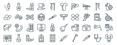 Zehirli, uyuşturucu, karaciğer, x ışını, kan testi, tıbbi kalkan, rapor için hasta giysisi ikonları, sunum, diyagram, web tasarımı gibi çizgide 40 adet düz sağlık ve tıbbi web simgesi