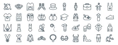 Sıraya dizilmiş 40 adet düz moda web simgesi, örneğin kemer kesesi, kalbe sahip tişört, kraliyet, yıldız madalyası, yaka elbise, kadın kolsuz gömlek, erkek eşofman ikleri sunum için sunum, sunum,